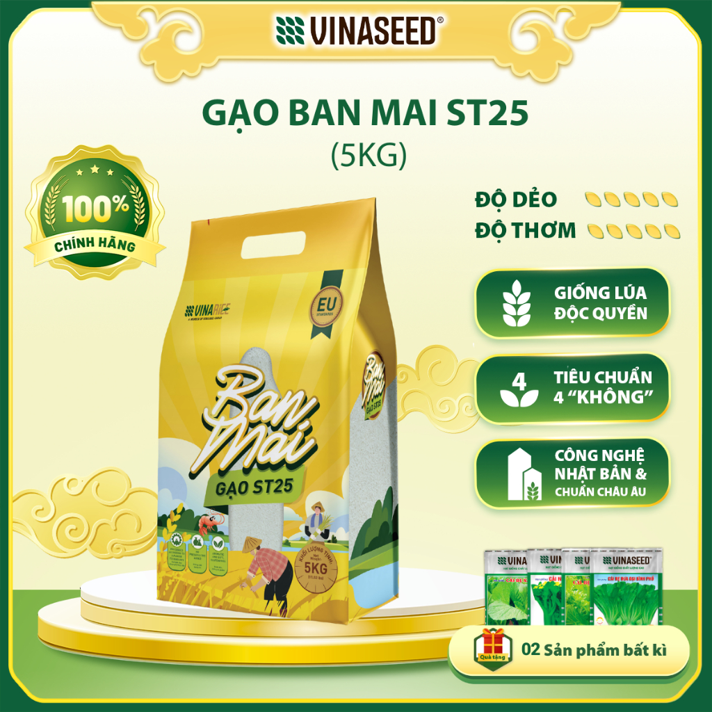 Gạo Ban Mai ST25 túi 5kg - Hạt mềm dẻo, thơm hương lài