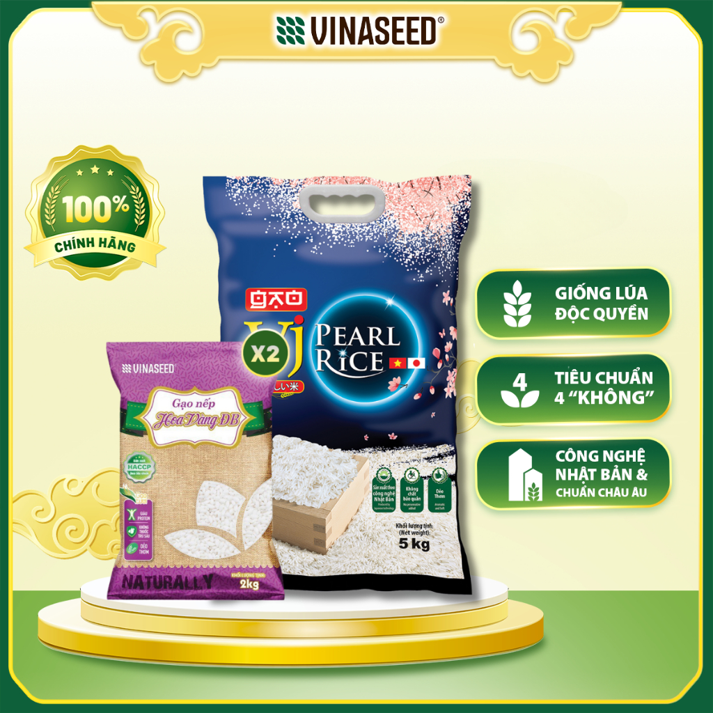 Combo Mix 1 Gạo VJ Pearl Rice 5kg và 2 Gạo Nếp Hoa Vàng loại đặc biệt 2kg Vinaseed