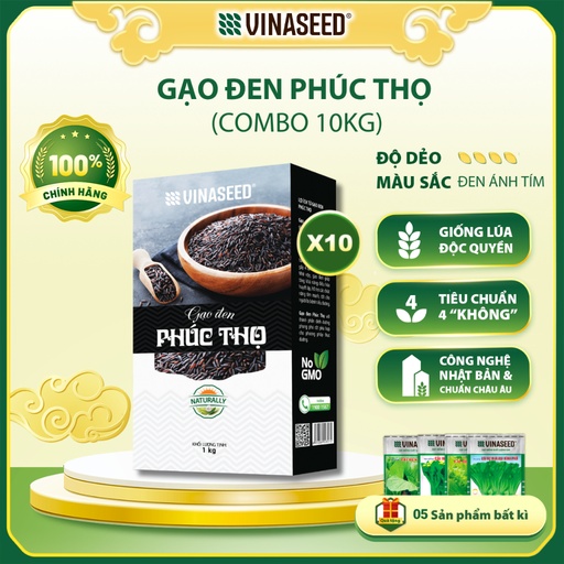 Combo 10 Gạo lứt đen Phúc Thọ Vinaseed 1kg - Gạo tím than dẻo dành cho người giảm cân, thực dưỡng, ăn kiêng