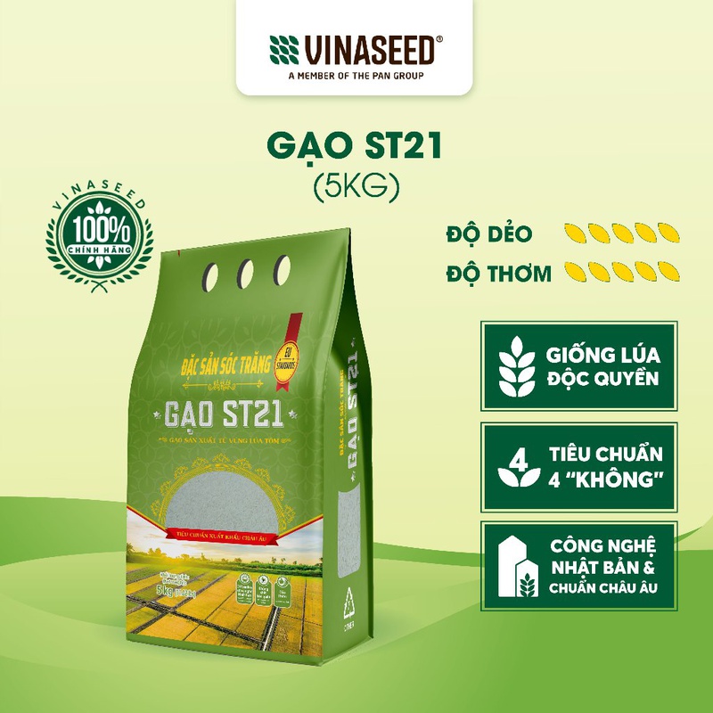 Gạo ST21 Vinaseed túi 5kg - Thơm hoa lài nhẹ, cơm ngọt, rất dẻo