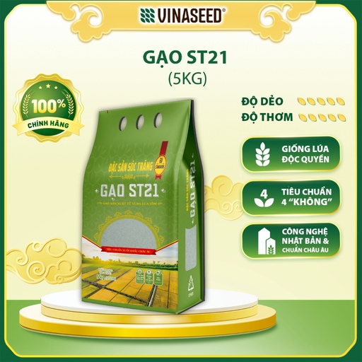 Gạo ST21 Vinaseed túi 5kg - Thơm hoa lài nhẹ, cơm ngọt, rất dẻo