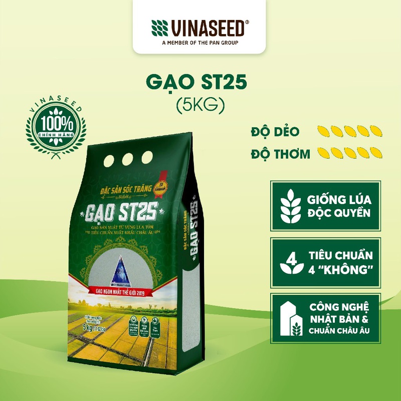 COMBO TẾT - 01 Gạo ST25 Vinaseed Dẻo Thơm 5kg & 01 Gạo Lứt Huyết Rồng Phúc Thọ 1KG