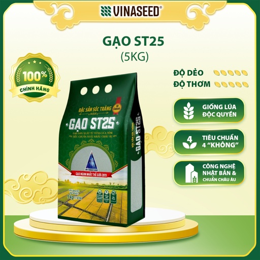 COMBO TẾT - 01 Gạo ST25 Vinaseed Dẻo Thơm 5kg & 01 Gạo Lứt Huyết Rồng Phúc Thọ 1KG