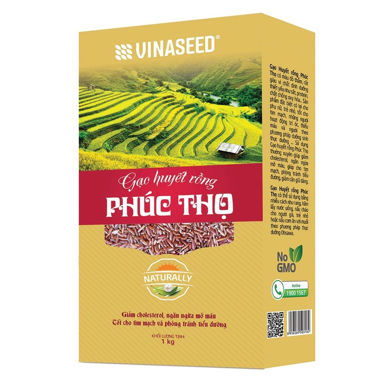 Gạo lứt Huyết Rồng Phúc Thọ Vinaseed túi 1kg - Gạo dẻo dành cho người ăn kiêng, tốt cho hệ tiêu hóa và tim mạch