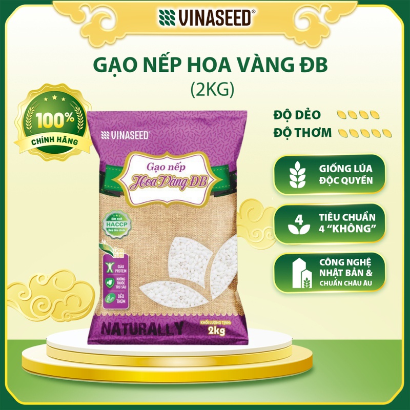 Gạo Nếp Hoa Vàng Đặc Biệt Vinaseed túi 2kg - Hạt mềm, dẻo, dai