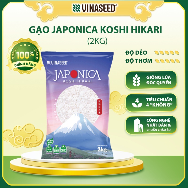 Gạo Nhật Japonica Koshi Hikari Vinaseed túi 2kg - Hạt dẻo thơm ngon hảo hạng