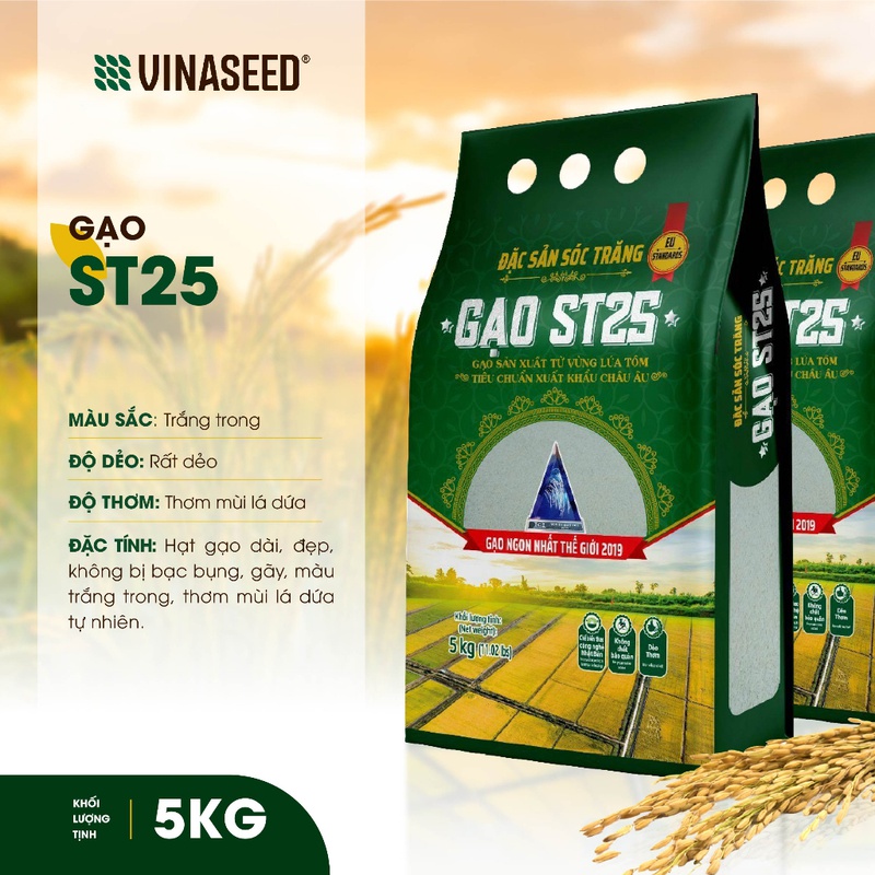 Combo 2 Gạo ST25 Ngon nhất thế giới năm 2019 Vinaseed 5kg - Dẻo, thơm, giàu dinh dưỡng