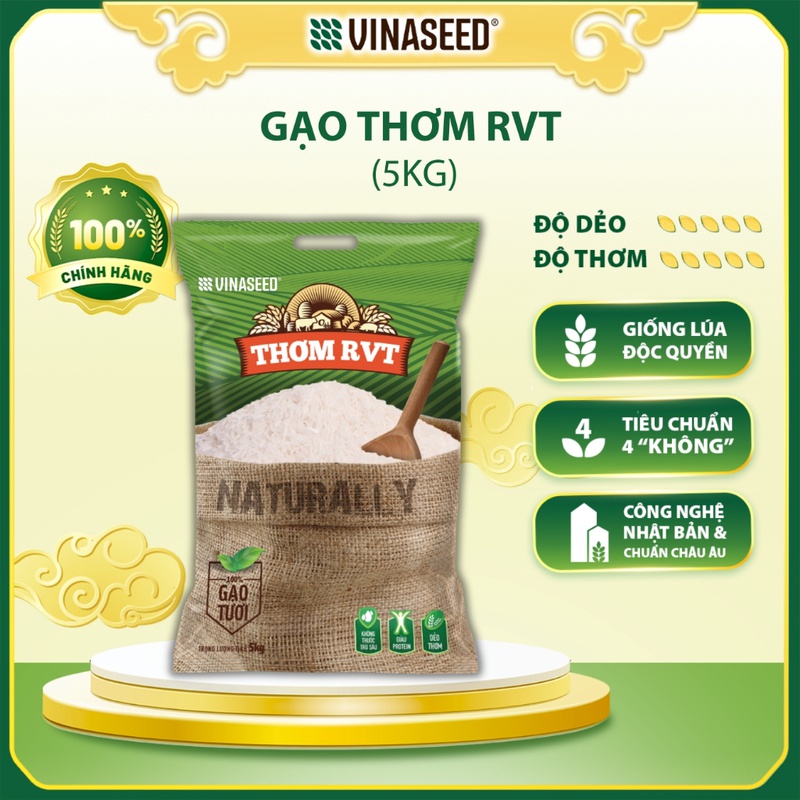 Gạo Thơm RVT Vinaseed túi 5kg - Hạt dẻo thơm hoa lài nhẹ